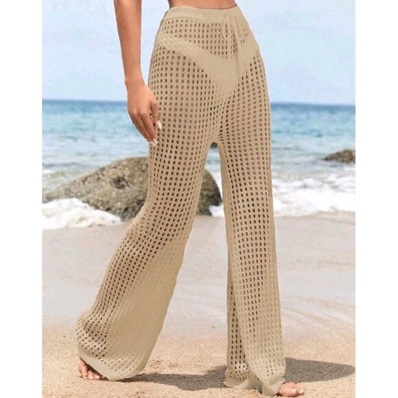 Blanco S Boho Crochet Flare Pants Open Knit Fabric Tan Beige Coastal Cowgirl NWT - Picture 2 of 12